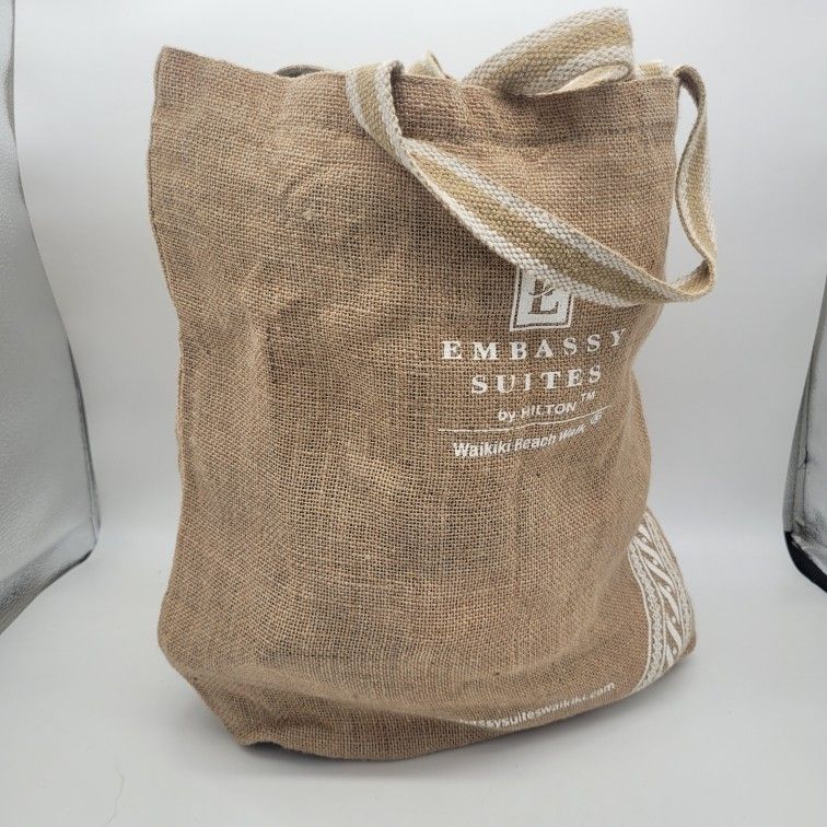 Waikiki Beach Tote Bag - Embassy Suites By Hilton, Burlap, Brown, Cotton Straps.