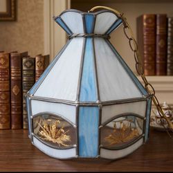 Vintage Stained Glass Hanging Light Blue White Pressed Floral Panels 13"h x 12"w