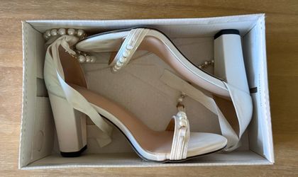 White Block Heel Sandals with Pearl Ankle Strap