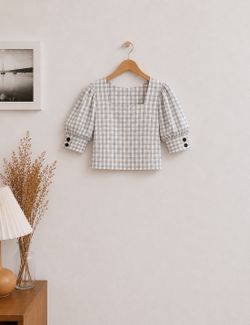 Square neck check blouse with puff sleeves