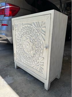 Boho Carved Accent Cabinet – Distressed White