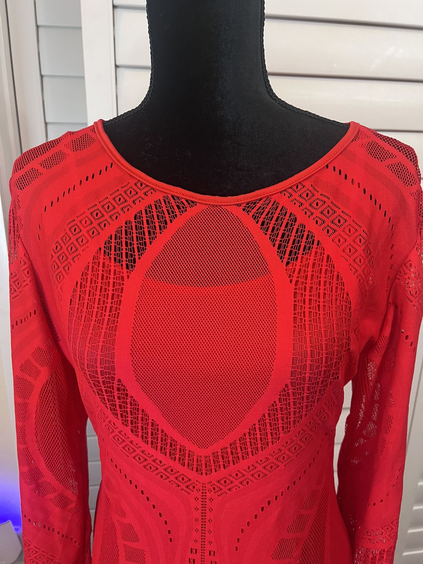 This is a red long-sleeve fishnet bodycon dress with an intricate geometric pattern