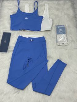 Alo Yoga Blue & White Leggings and Sports Bra Set