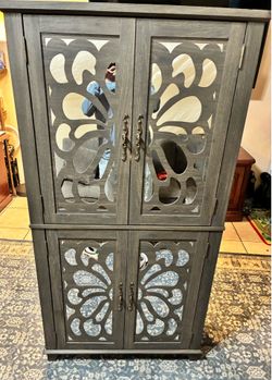 Dark Gray Mirrored Display Cabinet – Adjustable Shelves ,  Room Storage