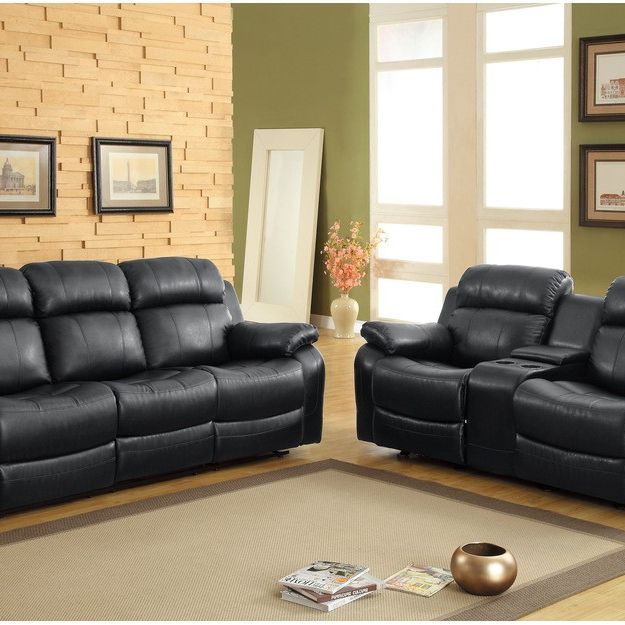 Brand New Black Synthetic Leather Manual Reclining Sofa + Loveseat With Cup Holders And Center Console
