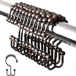 Cosfy Double Roller Shower Curtain Hooks Rings, Decorative Rustproof Metal Double Glide Bronze Shower Hooks for Bathroom Bronze Set of 12