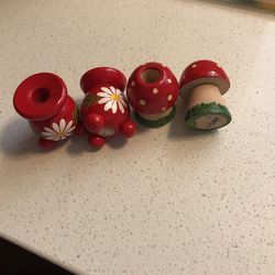 4 Wood Swedish Candle Holders Mushroom And Daisy Candle Holders