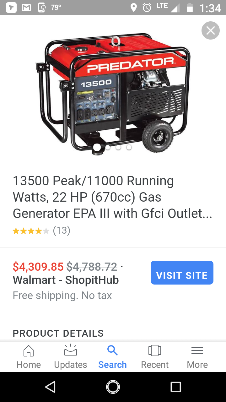 Photo Predator 13500 watt generator, 22 horse VTwin engine only 10 hours on it. A new one is over $4,600.00, look it up on Walmart