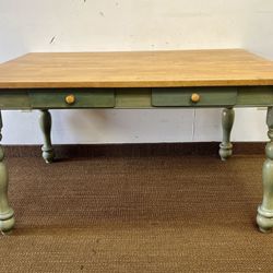 Rustic Green Washed Farmhouse Dining Table. 2 drawers each side. One drawer damaged inside but drawer front is good. See pics  