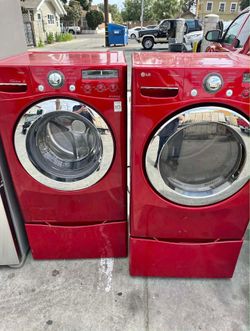 LG refrigerator  cherry red  washer 4.5 cu ft gas dryer 7.5 cu ft
