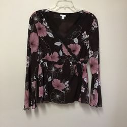 Women’s APT.9 100% polyester brown floral long sleeve tie waist blouse… Size XL