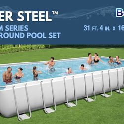  🆕 Bestway Power Steel 31' 4" x 16' x 52" Rectangular Metal Frame Above Ground Swimming Pool Set with 2,200 GPH Filter Pump, Ladder, and Pool Cover