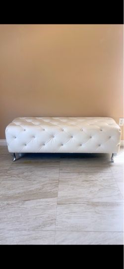 White Tufted Faux Leather Ottoman Bench