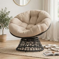 Swivel Papasan Chair — Black Wicker Base, Pale Sand Cushion (Brand New)