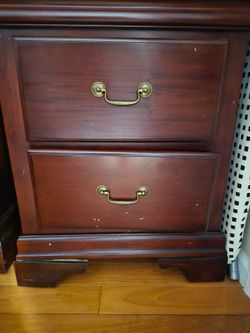 Bedroom set, dark cherry, queen bed, end tables, dresser