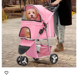 MoNiBloom Foldable 3-Wheel Pet Stroller with Storage, Cup Holder, and Waterproof Cover for Small Dogs and Cats C002