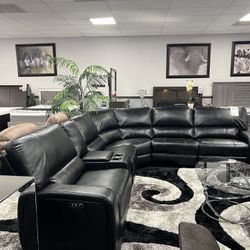 Black Leather Sofa Sectional w/ Power Recliners 