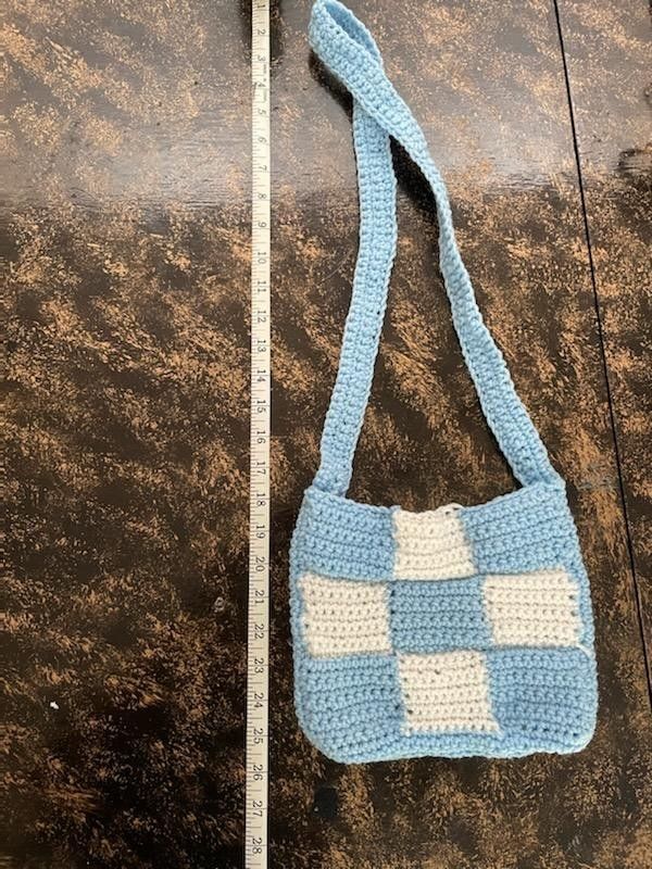 Handmade crochet Blue /white checkered bag