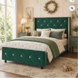 Green Velvet Upholstered Bed Frame with Wingback Headboard