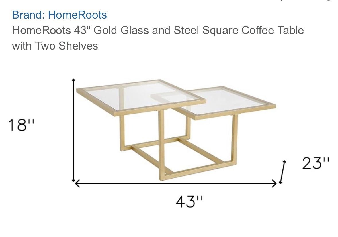 43" Gold Glass and Steel Square Coffee Table with Two Shelves