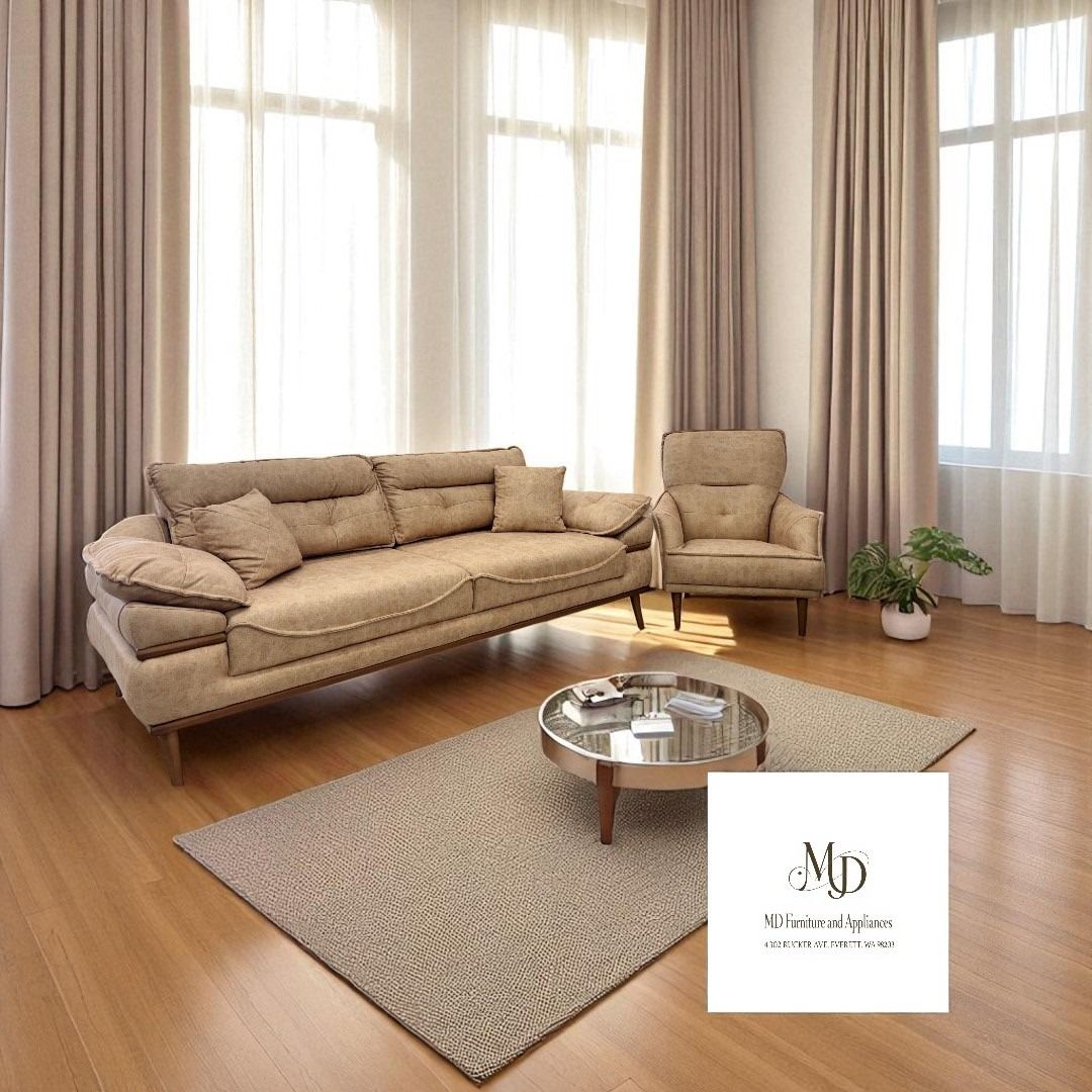 Timber Luxe Three Seater Beige Sofa And Armchair