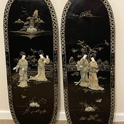 Black Oriental Asian Wall Panels Mother of Pearl Set of 2