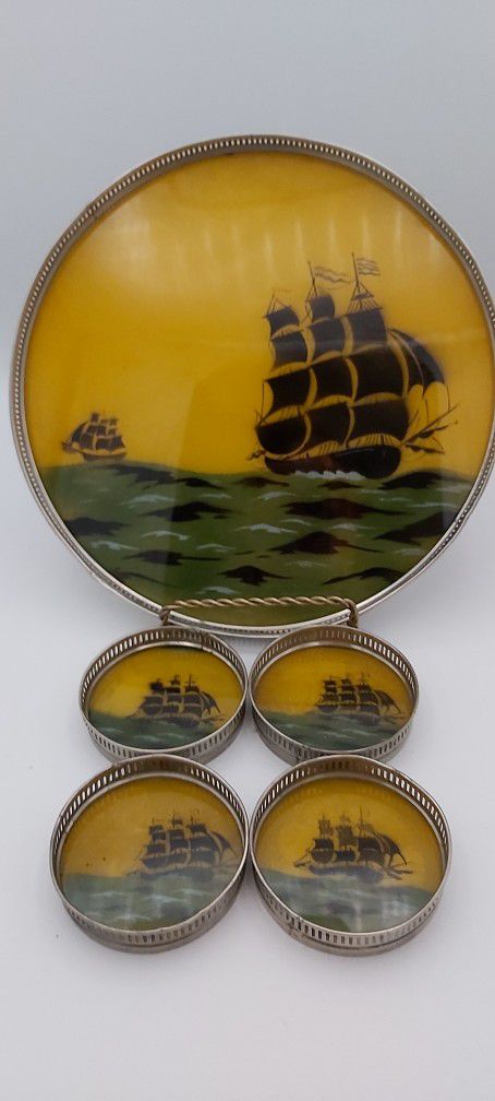 Rare Art Deco Sailboat Reverse Painted Milkglass Serving Bar Tray With 4 Coasters 