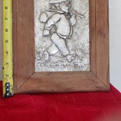 Antique Metal Art In Wood Frame 
