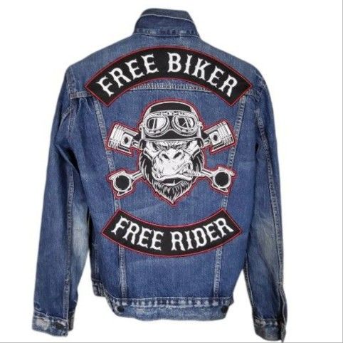 Levi's Jacket Mens Large Blue Trucker Denim Biker embroidered patches 72334
