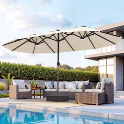 New 15ft Outdoor Patio Umbrella with Lights&Base Ivory White Extra Large Rectangular Outdoor Umbrella, Market Umbrella Double-sided Heavy Duty for Poo