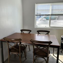 Rustic Wood Dining Table + 4 Cross-Back Rattan Chairs 