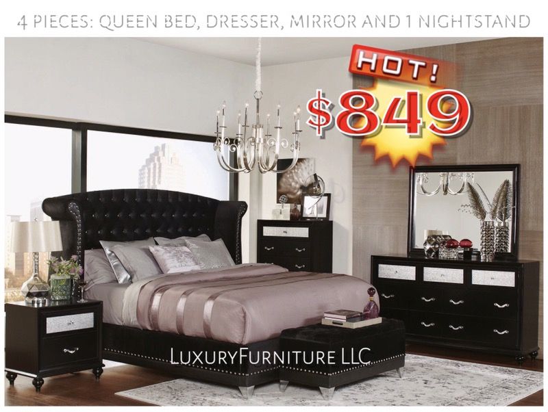 New queen black velvet bed 4 pieces bedroom set