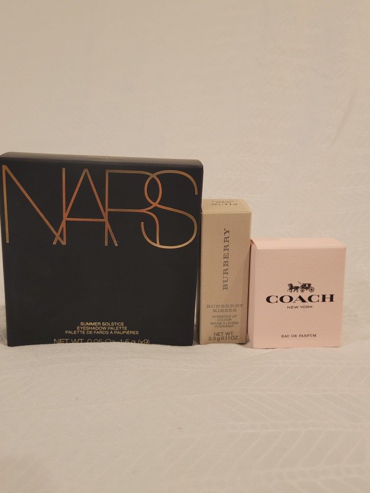 Nars eyeshadow palette, Burberry Lipstick & Coach EDP Splash