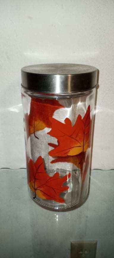 fall leaves painted on glass storage container with metal screw top cover PRICE IS FIRM