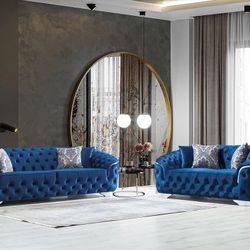 Lupino Blue Velvet Living Room Set /couches /Sofa and Loveseat 
