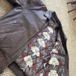 St Johns Bay Vintage Genuine Leather Brown Bomber Jacket Men’s Lined Map Print Quilted Interior