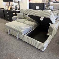 Grey Corduroy Sleeper Sofa With Drop Down 