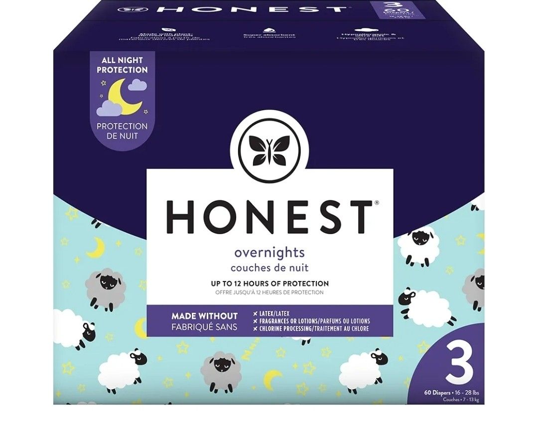 The Honest Company Clean Conscious Overnight Diapers | Plant-Based, Sustainable | Sleepy Sheep | Club Box, Size 3 (16-28 lbs), 60 Count