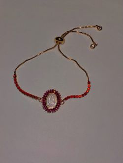 Gold-Tone Non fading Virgin Mary Bracelet with Red Stones