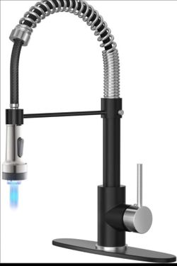 (KF-014) Matte Black/Brushed Nickel Kitchen Faucet with LED Light Pull-Down Sprayer, Single Handle,