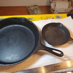 2 Cast Iron Skillets #10, 11 3/4"and Griswold Small Logo #3, 6-1/2" Smooth Bottom, #709B, Erie PA

Cast iron skillet, # 10,  11 3/4 inches, 5 lbs 10oz