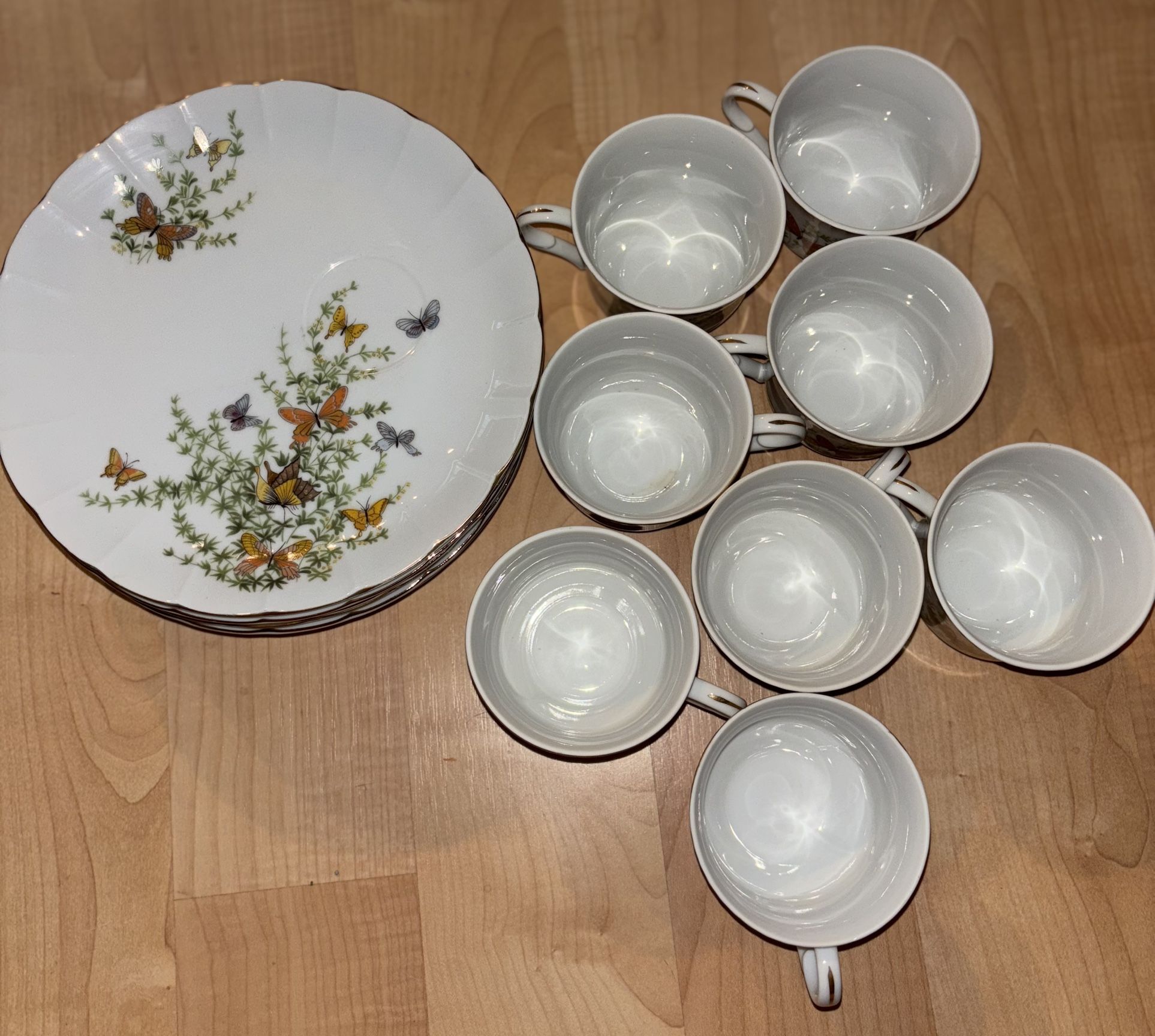 Vintage "Butterfly" Shafford Porcelain Tea Cups and Dessert Plates Set- 16 Pieces