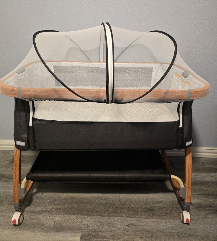 Baby Bassinet, Bedside Bassinet for Baby, 3 Height Adjustable Baby Bed, 3 in 1 Bassinet Bedside Sleeper with Wheels, Mosquito Net, Portable Bedside