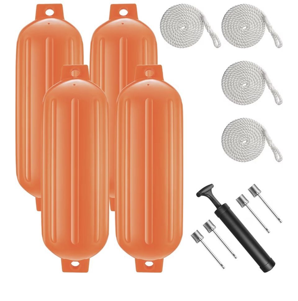 8.5 x 27 Inches Twin Eyes Ribbed Boat Fenders 4 Pack Boat Fenders Bumpers with Lines and Pump to Inflate for Docking