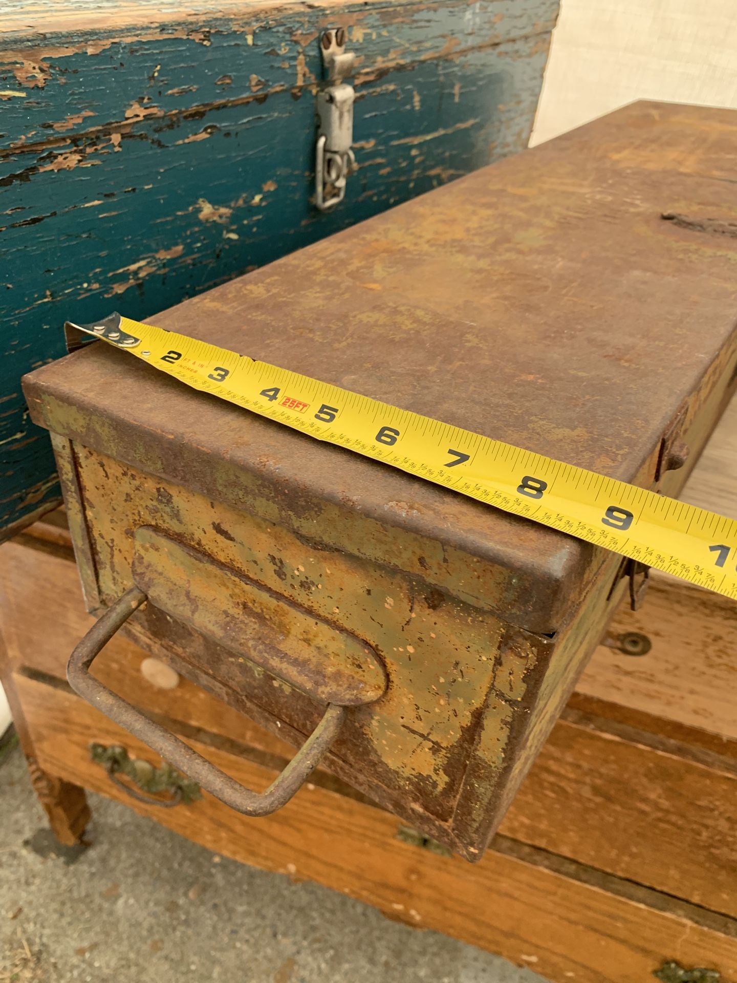 Vintage Metal Tool Box With Pull Handles