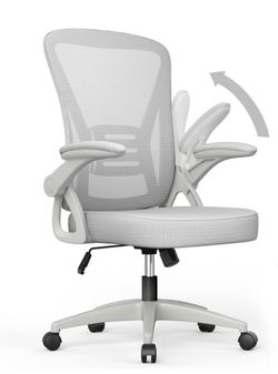 Home Office Desk Chair Mid Back with Adjustable Height Grey Comfy Ergonomic Chair with Flip-Up Arm and Lumbar Support, Breathable Mesh Swivel Computer