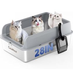 XXXL Stainless Steel Cat Litter Box with Lid 28.1''×20.5''× 10.1” Extra Large Metal Cat Litter Box f