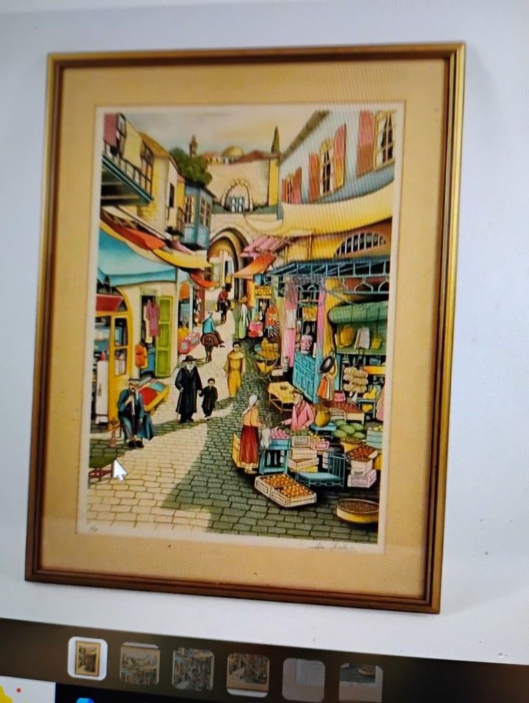 Signed Jerusalem Market Painting 35"X27" Framed