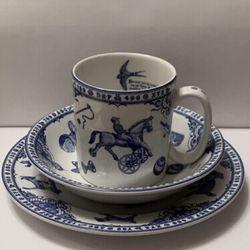 Spode Edwardian Kids Breakfast Set Blue and White Cup Bowl Plate Made England new in box