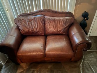 Brown Leather Loveseat with Nailhead Trim